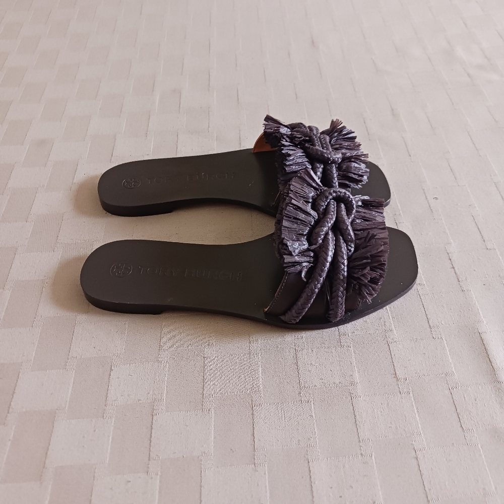 Tory Burch Raffia Fringe Rope Flat Slide Sandals - Picture 6 of 13